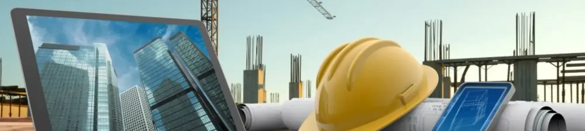 Image of yellow hard hat and laptop on construction site